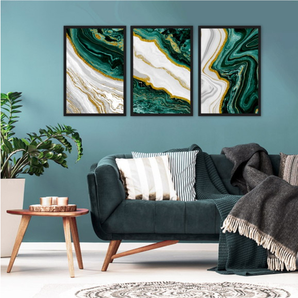 Quadros Decorativo 3 peças 60x40 Mosaico Mdf Alta Resolução Full HD Marble Gold verde Frame Green Ouro