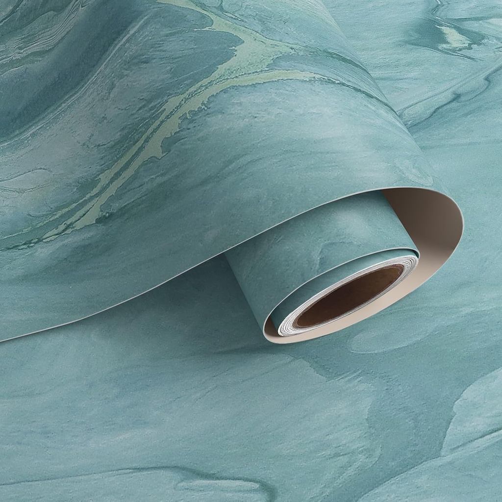 Papel de Contato VaryPaper Matte Teal Blue Marble, Adesivo Removível para Bancadas de Cozinha, Papel de Parede de Mármor