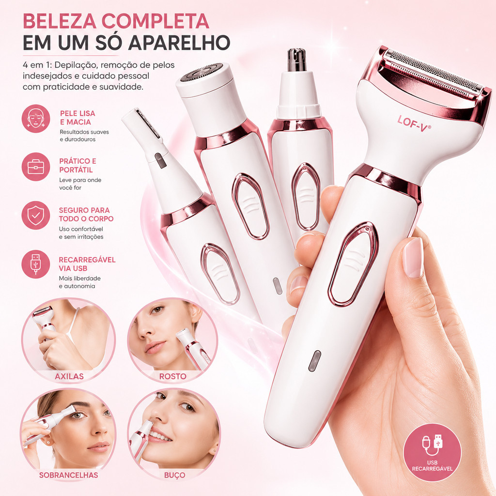 LOF-V Aparador Feminino 4 Em 1 USB Recarregável Depilador Sobrancelha Nariz Axila Corpo 500mAh