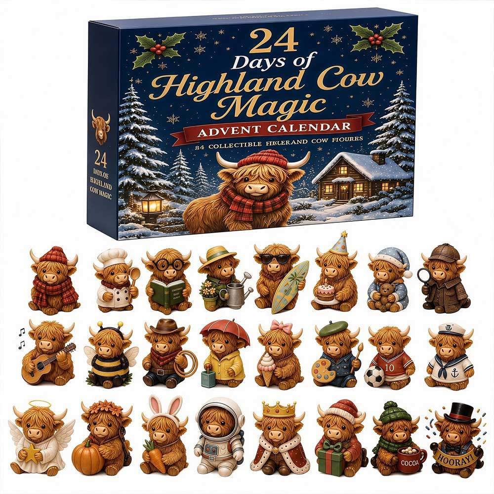 Highland Cow Advent Calendar Christmas Countdown Box, 24 Collectible Resin Figures, Surprise Gift For Family