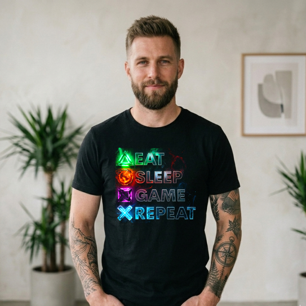 Camiseta Eat Sleep Game Repeat Gamer Algodão Unissex