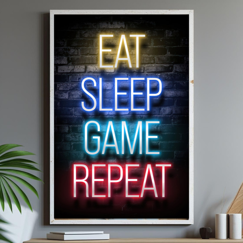 Quadro Gamer Eat Sleep Game Repeat Decoração Ambiente Quarto