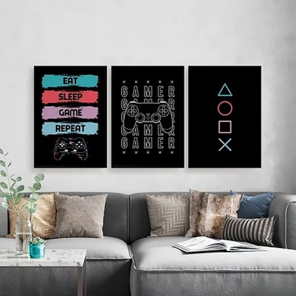 Kit 3 Quadros Eat Sleep Game Repeat 24x18cm