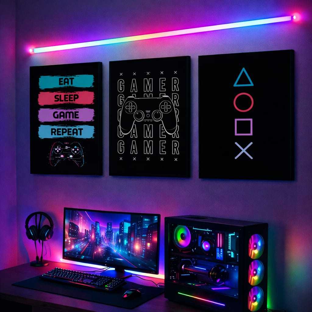 Kit 3 Quadros Gamer Eat Sleep Game Repeat Decoração Setup RGB