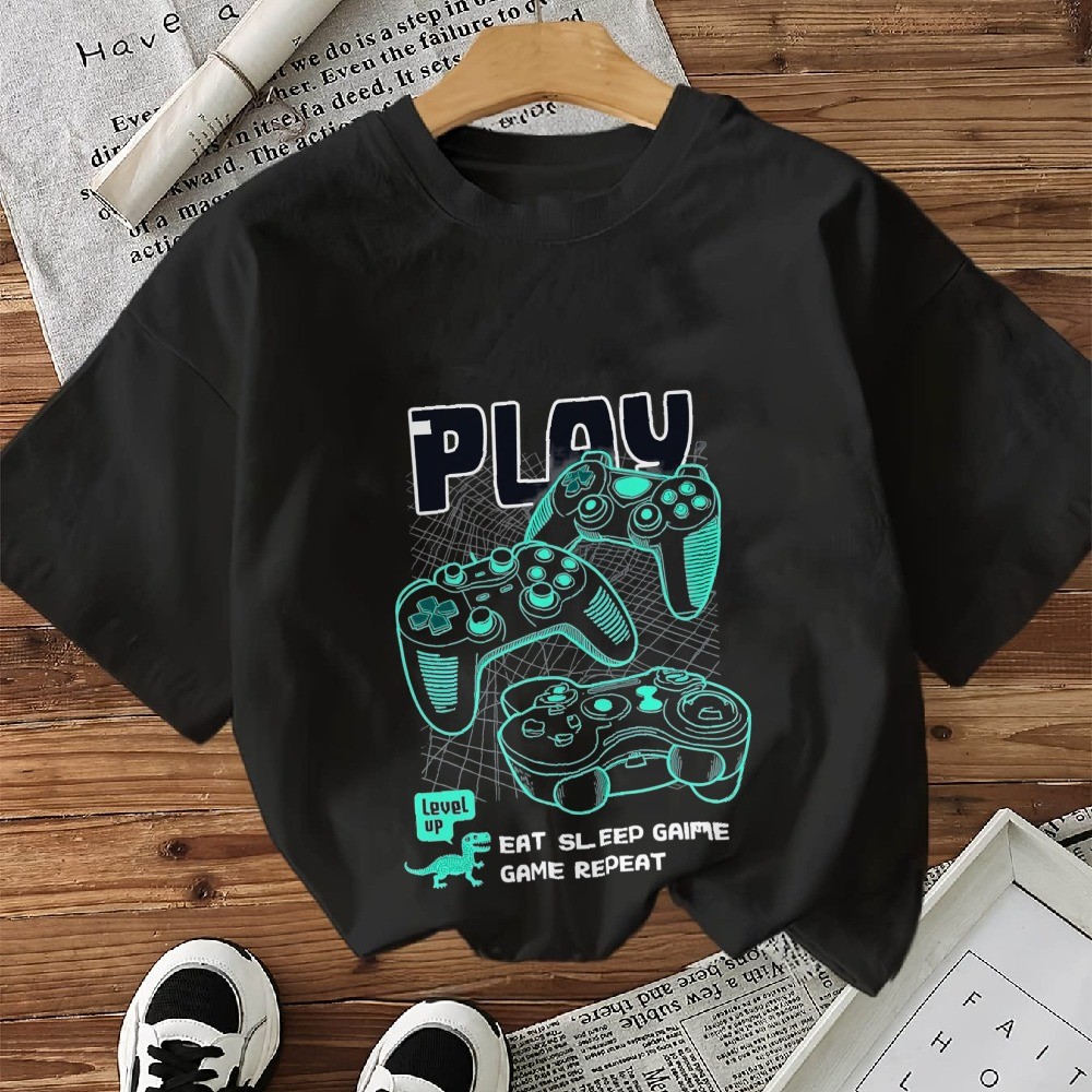 Camiseta Masculina Play Game Controller Eat Sleep Game Repeat Streetwear 2025 Novo