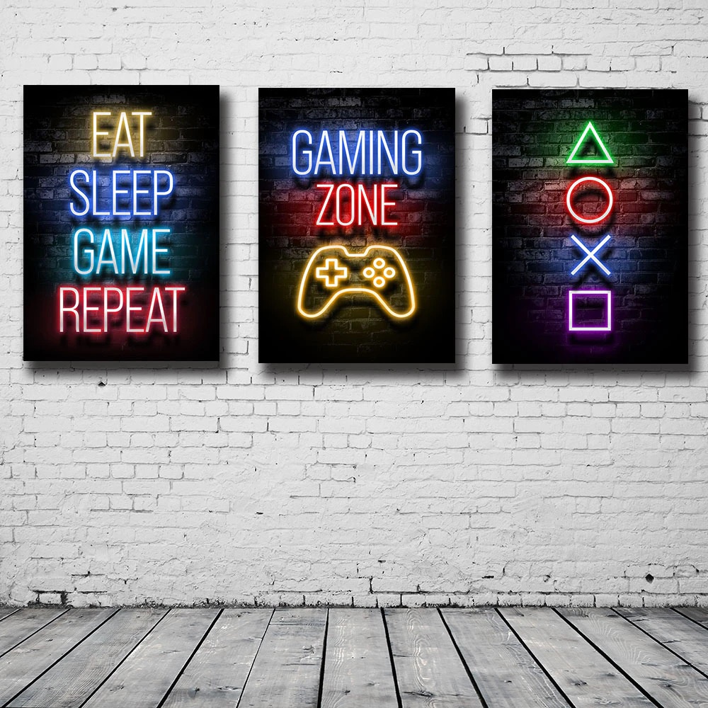 Kit 3 Quadros Decorativos jogos Neon controle Gaming Zone Game Repeat Decoração Quarto gamer