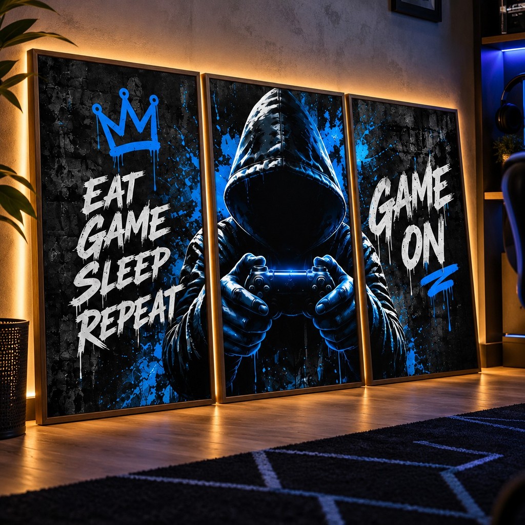 Kit Quadros Decorativos 3 Peças Gamer Frase Eat Game Sleep Repeat Game On Grafite Azul Quarto Gamer Setup Menino Geek
