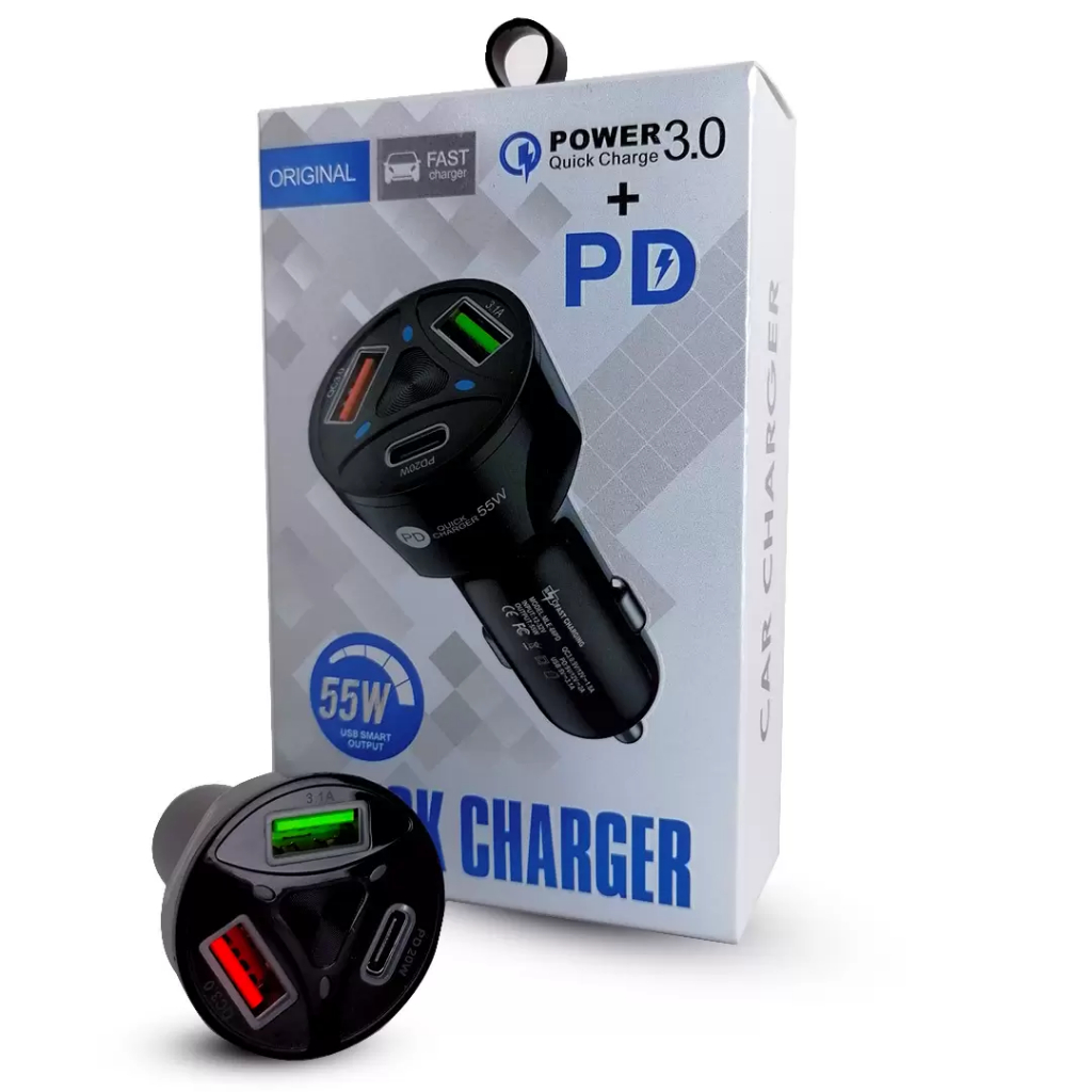 Carregador veicular Turbo ultra rápido 2 entrada usb 3.0 + PD  usb 55w ENVIO IMEDIATO