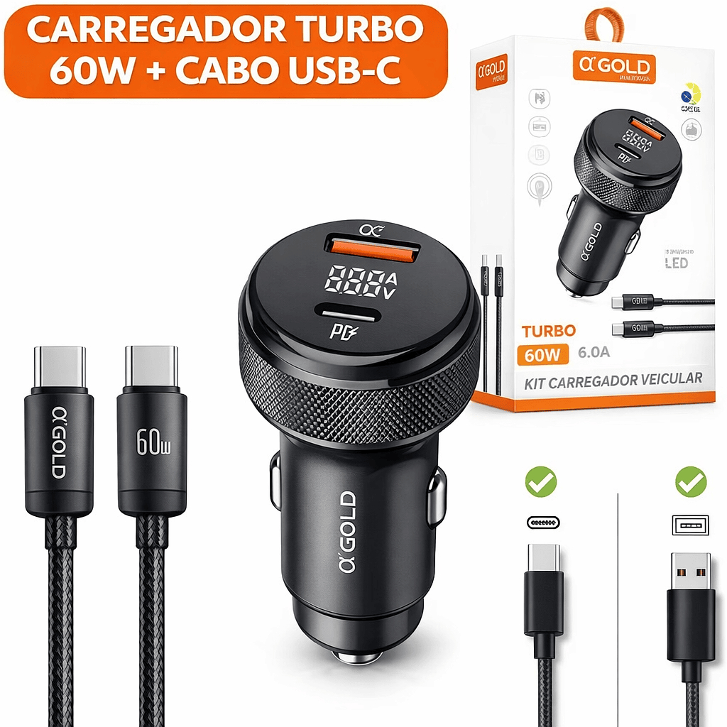 Carregador de celular Automotivo 60W Turbo USB + USB-C Ultra Rapico - A'Gold
