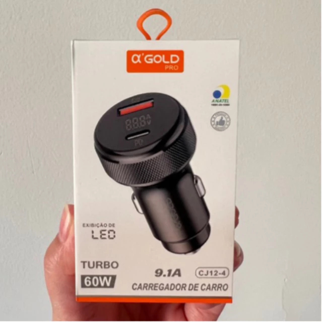 Carregador Veicular Turbo 60W 9.1A A’Gold CJ13-4 Fast Charge Android iPhone Ultra Rápido Preto