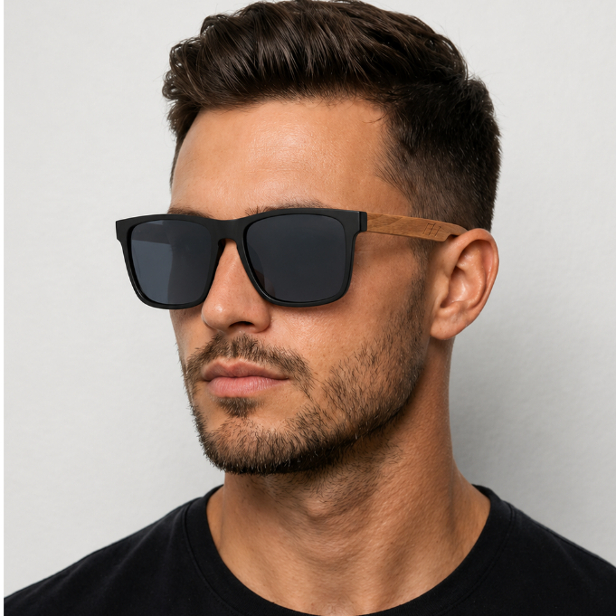 Óculos de Sol Masculino POLARIZADO Quadrado c/ Haste Madeira UV400 Preto Estilo Casual Moderno Leve Confortável - OMG!