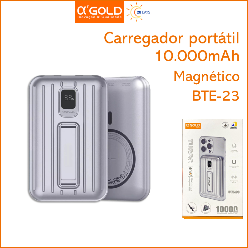 Bateria Portátil Power Bank Magnético sem fio 10.000mAh 40W Carregamento rápido A'GOLD BTE-23