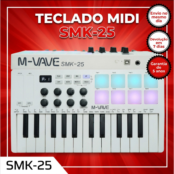 M-WAVE Controlador de teclado MIDI USB de 25 teclas com 8 pads de bateria retroiluminados, 8 botões e 2 faixas tácteis
