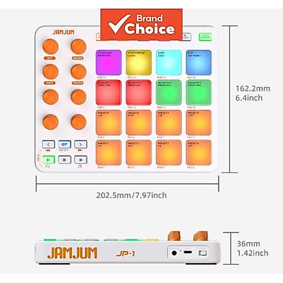 Controlador MIDI sem fio JAMJUM JP 1 com 16 pads RGB e 8 knobs personalizáveis, Bluetooth, ideal para produção musical e