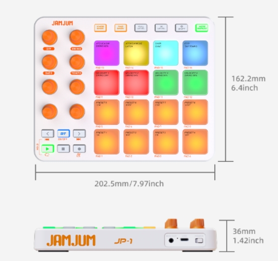 JAMJUM JP 1 Controlador MIDI Sem Fio Pad 16 RGB Drum Pads 8 Botões Personalizados Bluetooth Beat Maker Para Produção De