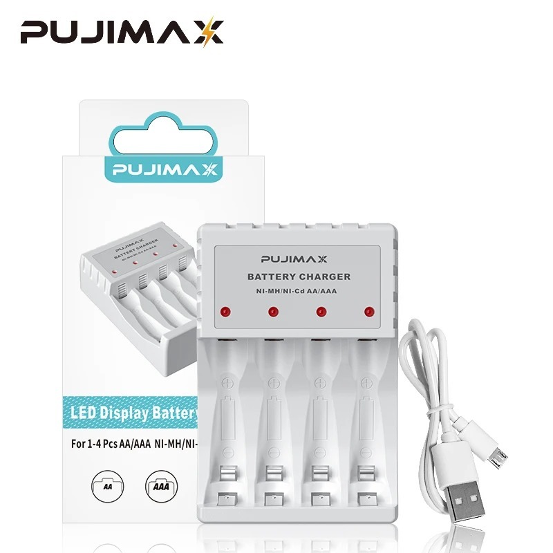 Carregador De Pilhas Recarregáveis Portátil Pujimax Tipo AA/AAA Com Led Inteligente