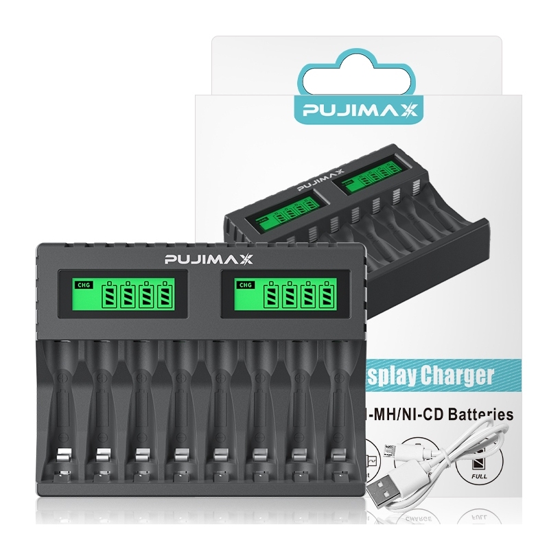 Carregador De Pilhas Aa Aaa 8 Slots Recarregável Pujimax Tela Lcd Com Porcentagem De Bateria