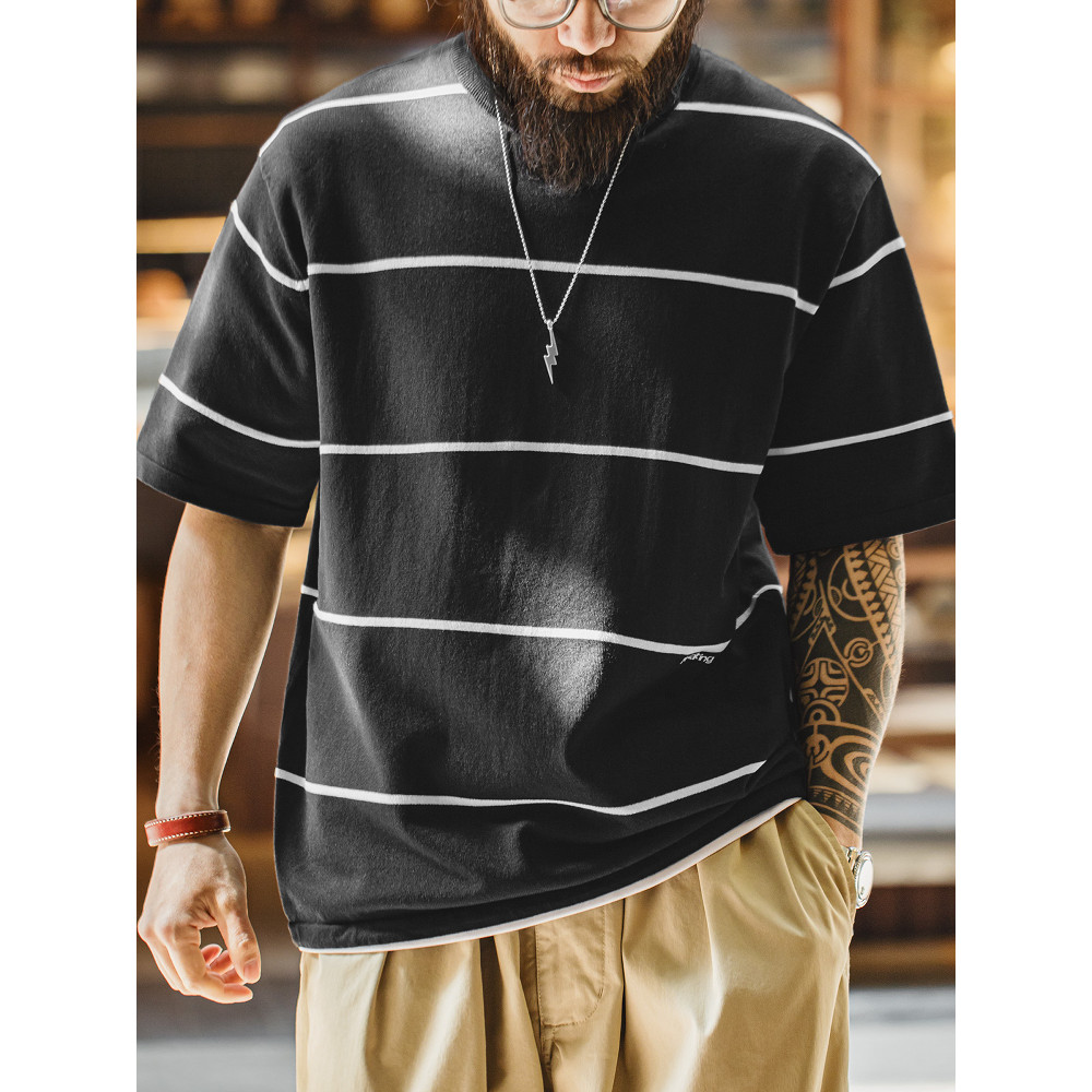 Modern Tooling American Casual Preto Branco Contraste Cor Listrada Camiseta Cityboy Meia Manga Japonesa Gola Redonda Man