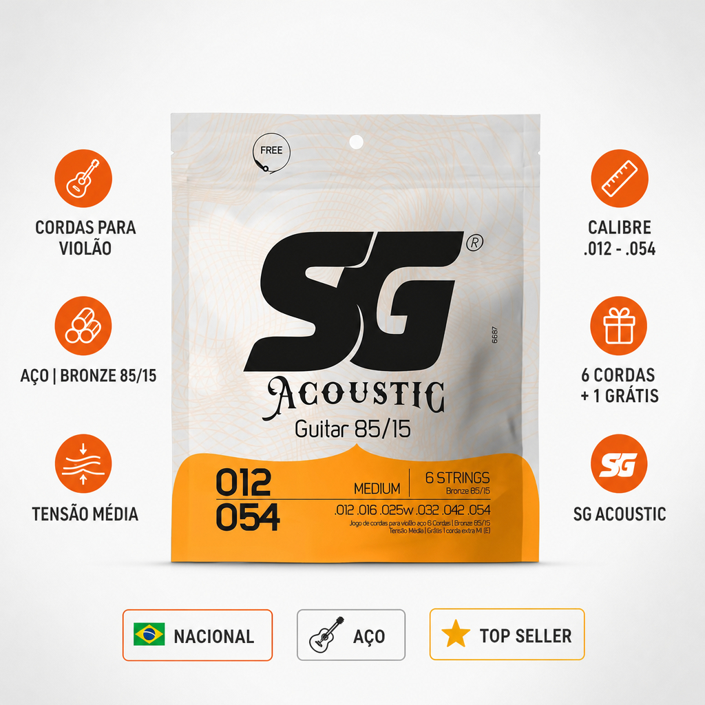 Jogo de Cordas para Violão SG Acoustic Bronze 85/15 Tensão Média 012-054 Corda E. Extra Produto Original
