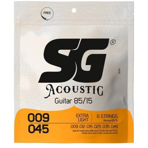Encordoamento Violão Aço SG  Acoustic Bronze 85/15 6 Cordas + Corda Extra | 009/045 010/047 011/052 012/054