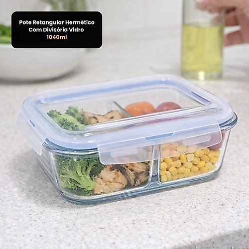 Pote de Vidro Hermético com Divisória 1040ml Marmita Tampa Azul Borossilicato Global Mix GH612