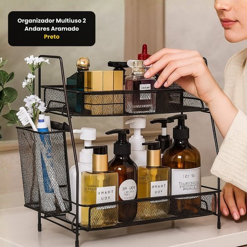 Organizador multiuso 2 andares aramado Global Mix preto metal pintura eletrostática