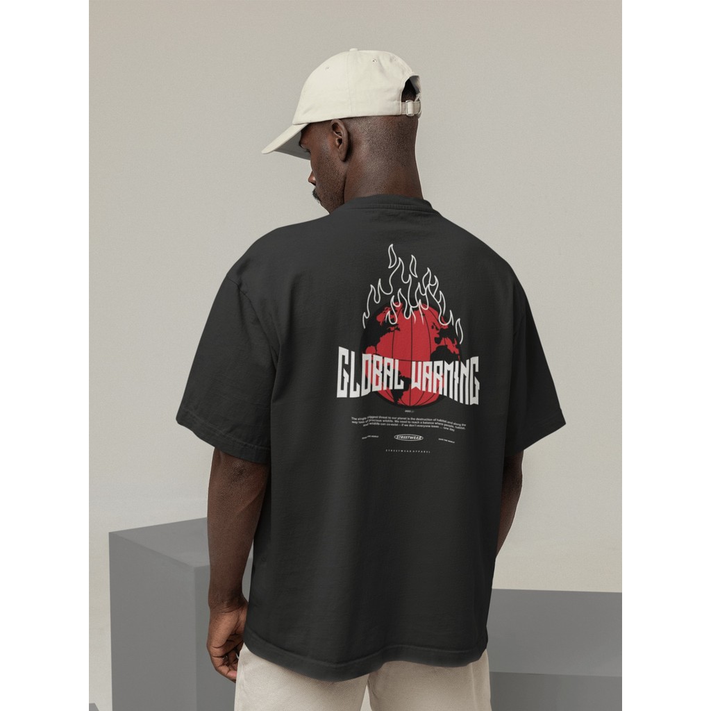 Camiseta Oversized Gola Alta Streetwear Masculino e Feminino 100% Algodão Preto e Off Whte Estampado - GLOBAL WARNING