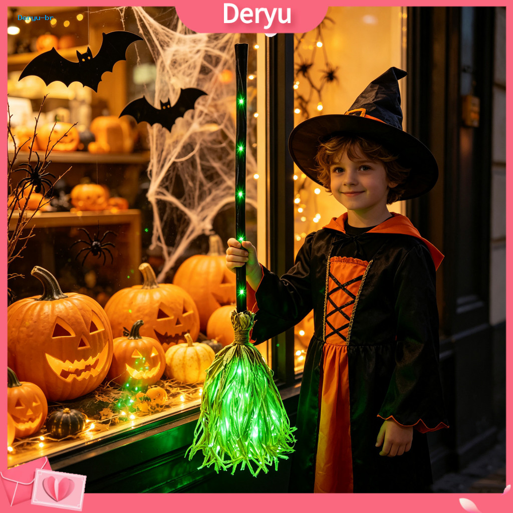Battery Operated Broom Witch for Halloween with Green Led Light – Glowing Broomstick for Cosplay Costume Prop Themed P
