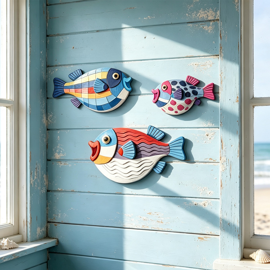 Ocean Theme Wall Decor 3pcs Wooden Fish Art Set Nautical Coastal Rustic Style Hanging Ornaments for Beach House Living R