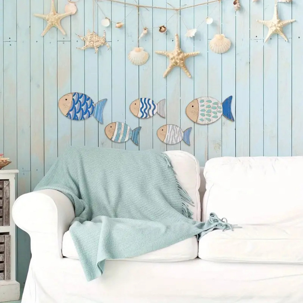 Fish Shape Home Decoration Vintage Wall Decor 5pcs Wooden Set Nautical Coastal Ocean Theme Hanging Ornaments Beach House