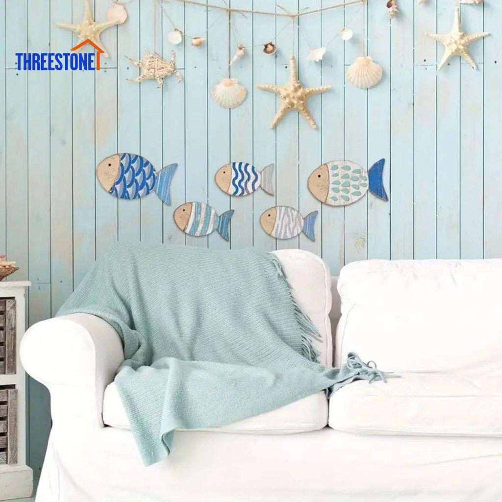 Easy Installation Wall Art Nautical Theme Decor 5pcs Wooden Fish Set Coastal Ocean Beach House Bathroom Hanging Ornament