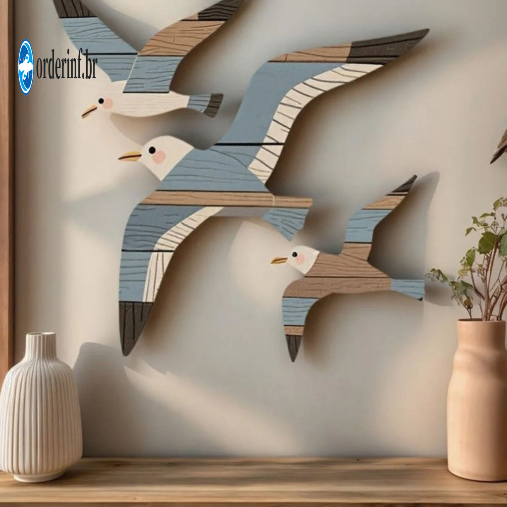 Realistic Seagull Ornaments Nature-inspired Wall Decor 3pcs Wooden Set – Rustic Farmhouse Flying Gull Art for Home Bed