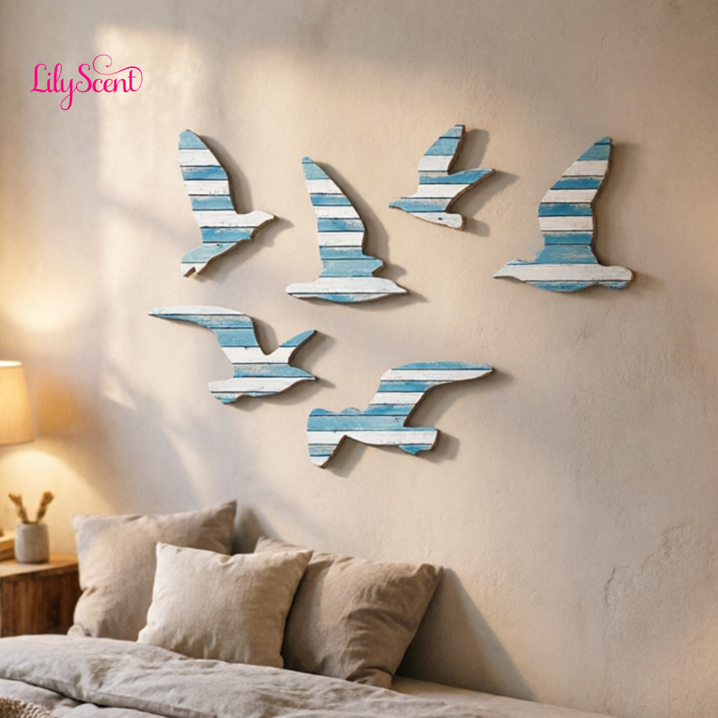 Wooden Seagull Decor Coastal Wall Decoration 5 Pcs Art Beach Nautical Sea Bird Ornaments Vintage Ocean Theme for Room Be