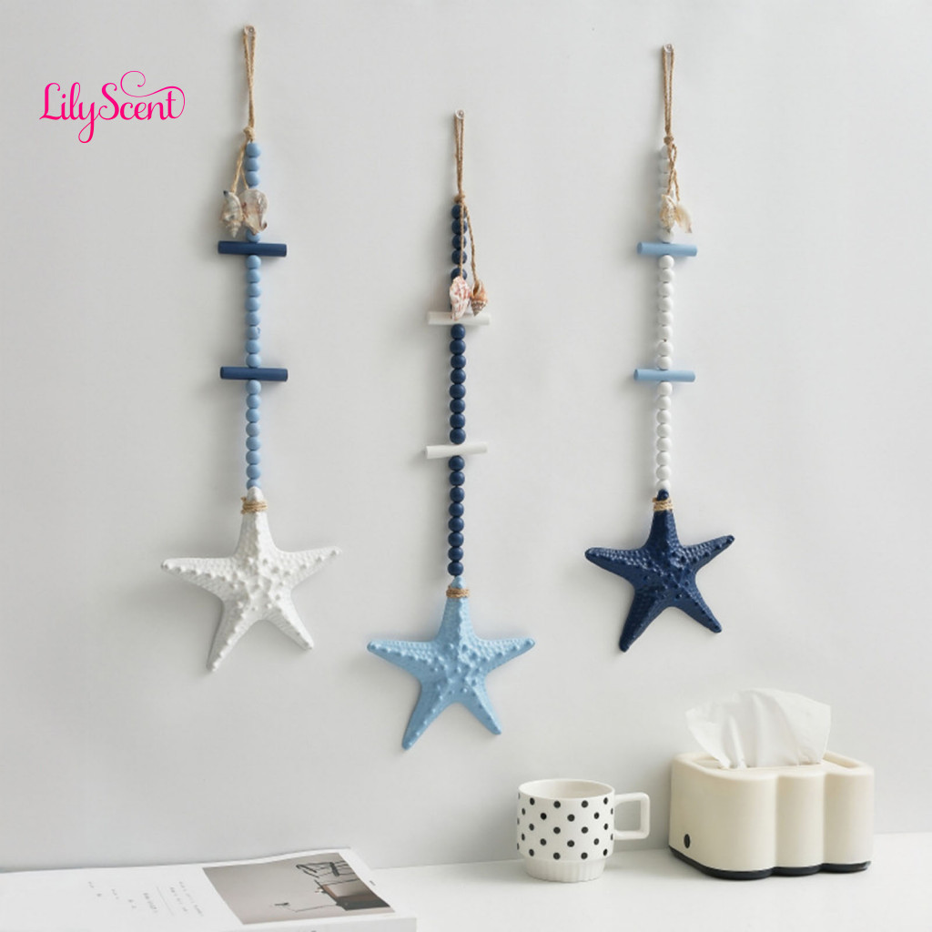 Starfish Ornament No Drill Wall Decoration Rustic Wooden Nautical Art with Beads Jute Rope – Coastal Beach Room Decor