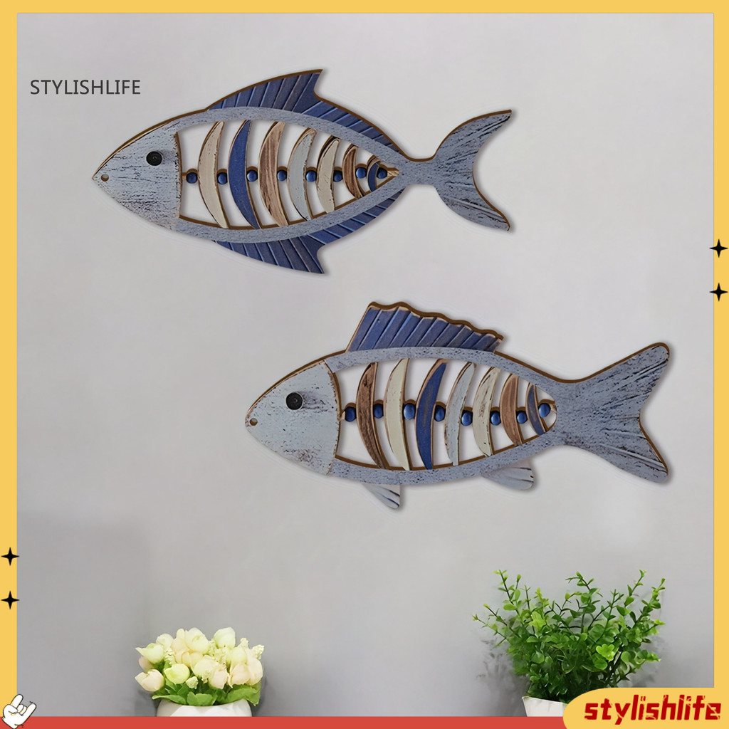 stylishlife1 2 Peças De Suspensão De Parede De Peixe De Madeira Estilo Mediterrâneo , Decoração Esqueleto Oco , Ornament