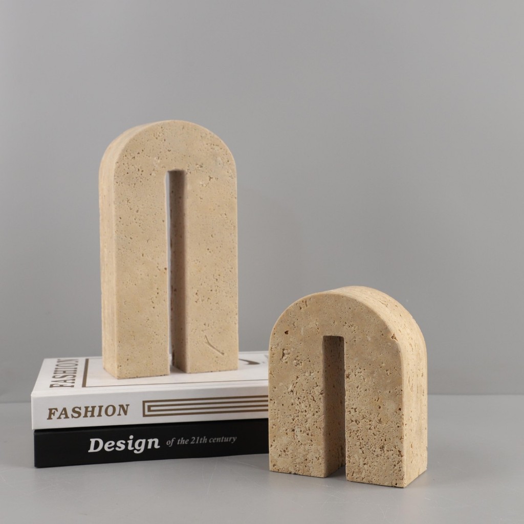 84PB Modern minimalist wabi-sabi style pure natural yellow travertine arch ornament for living room, bedroom, entrance,