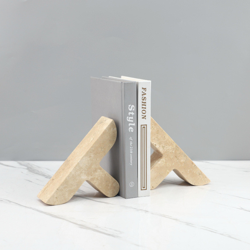 9ZET Minimalist Wabi-Sabi style natural yellow cave stone herringbone bookends, decorative ornaments for bookshelves, li