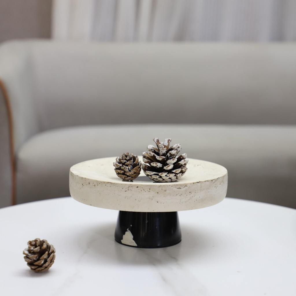 3CAH Modern minimalist wabi-sabi style natural travertine marble high-footed round fruit platter, living room entryway h