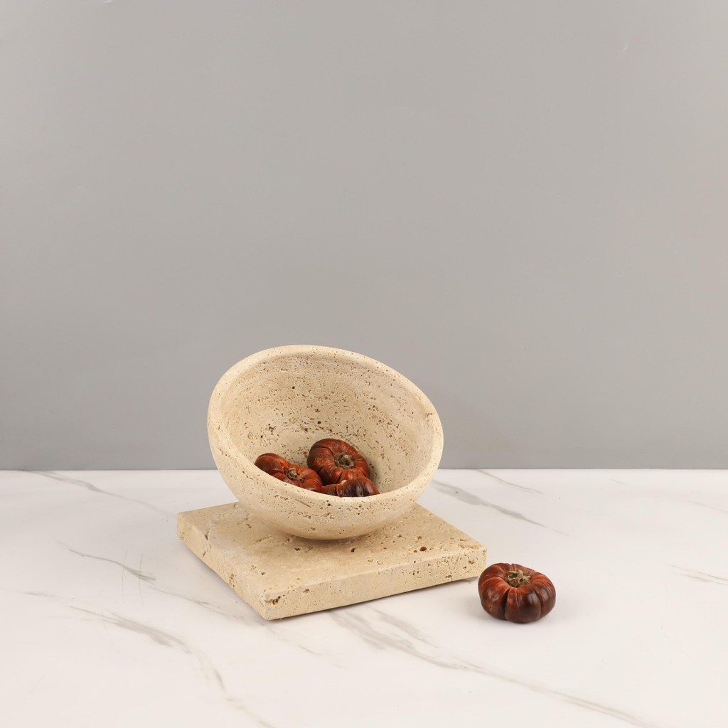 ICPT Minimalist Wabi-Sabi style, pure natural yellow travertine half-round fruit platter, tray, coffee table, dining roo
