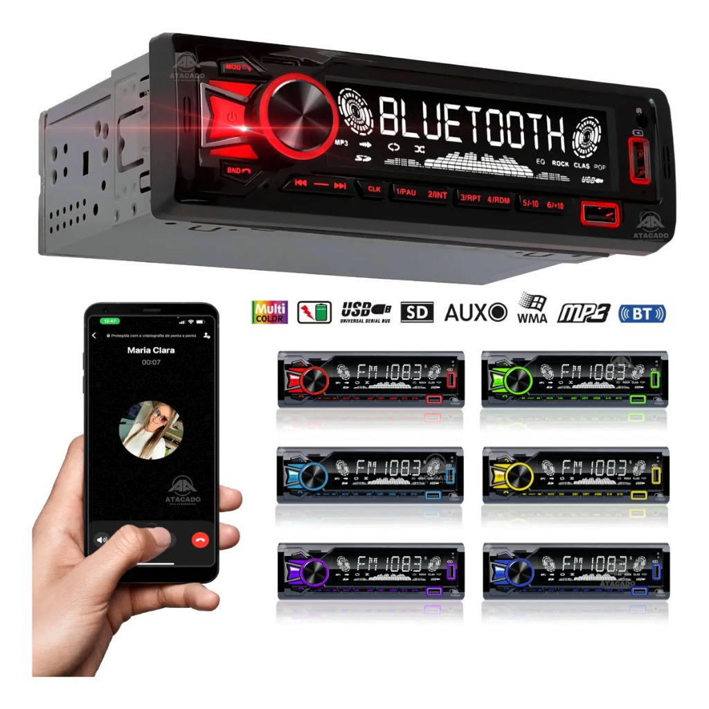 Radio de Carro Bluetooth Potente Compatível com Longa Distancia entrada USB SD Auxiliar Pendrive