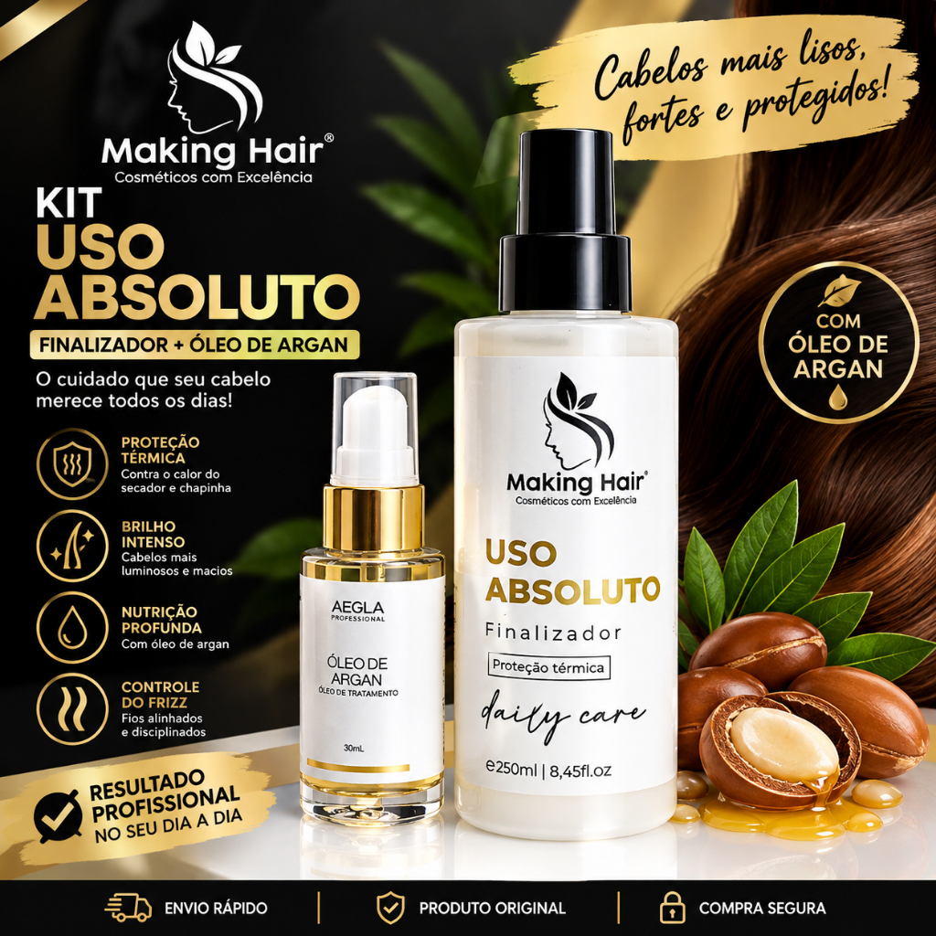 KIT USO ABSOLUTO MAKING HAIR 250ML + ÓLEO DE ARGAN AEGLA PRO HAIR 30ML, FINALIZAÇÃO, PROTEÇÃO TÉRMICA, NUTRIÇÃO E BRILHO