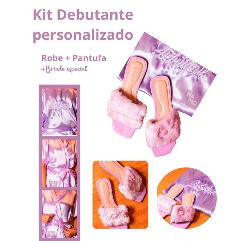Kit Robe Bordado Debutante Roxo com Pantufa Bordada – Conjunto Elegante para Making Of