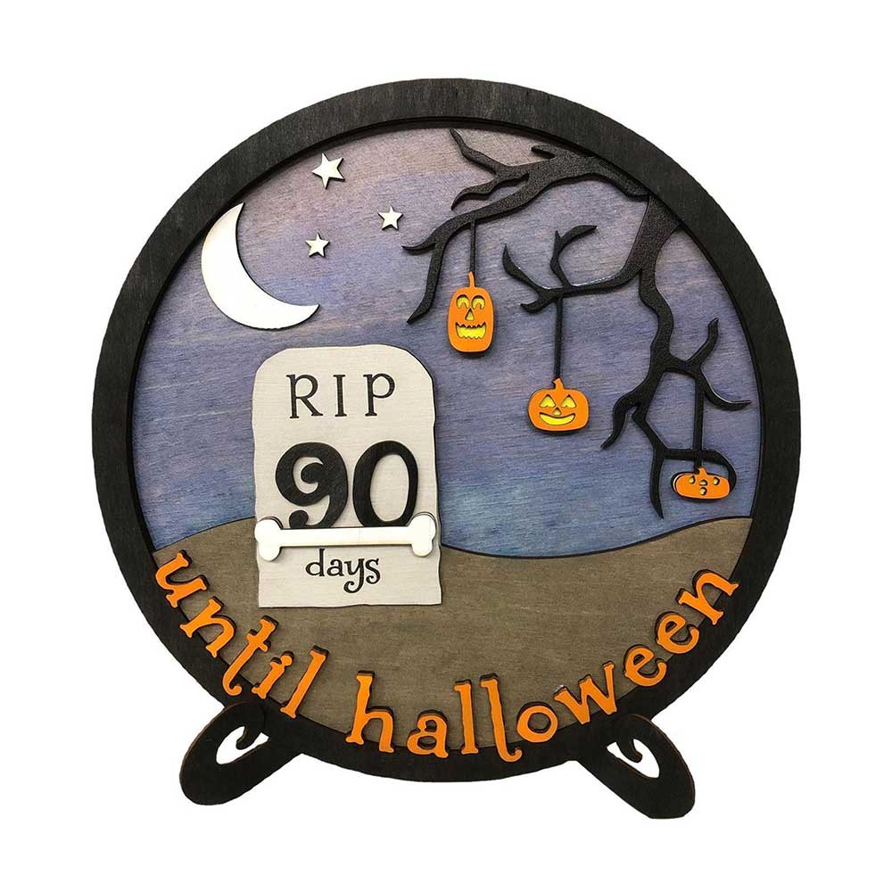 Days Until Halloween Countdown Wooden Desk Sign Spooky Pumpkin Tree Tombstone Halloween Decor