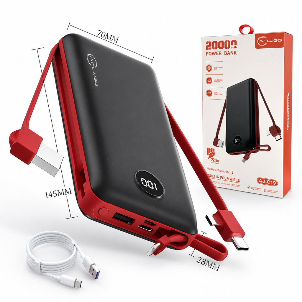 Power Bank 20000mAh 22.5W Carga Rápida Com Cabos Embutidos LED Digital