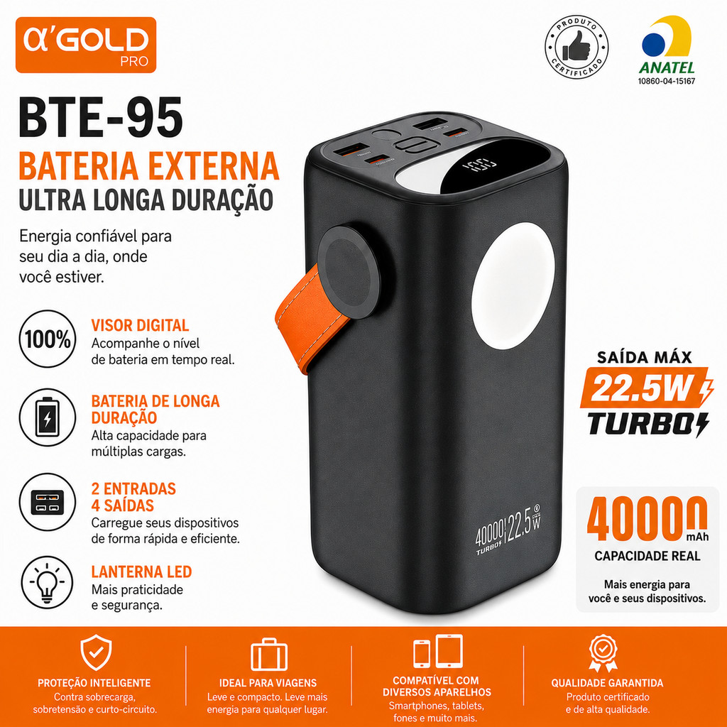 Power Bank 40000mAh A’GOLD PRO BTE-95 Carregamento Rápido 22.5W com Tela Digital e LED