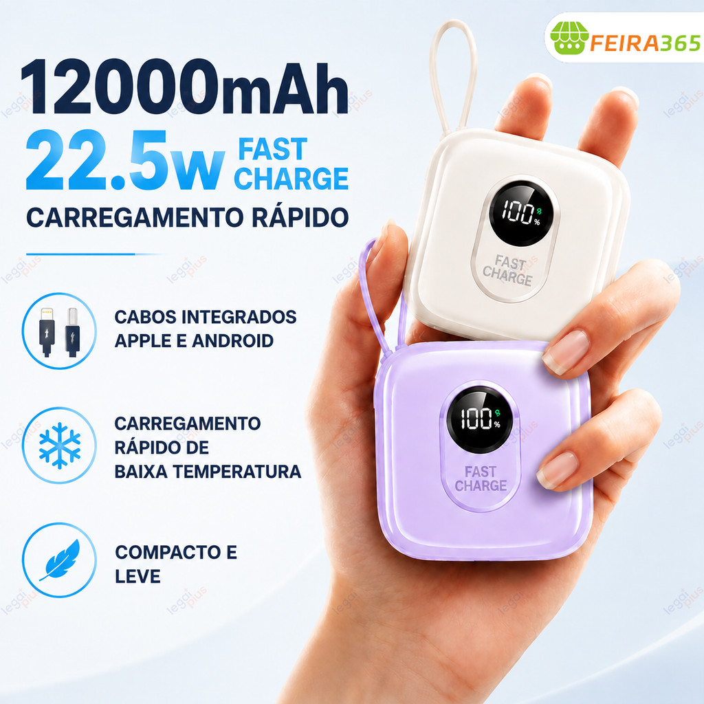 Power Bank 12000mAh Com Cabos Integrados E Tela LED Digital , Bateria Externa Compacta De Carga Rápida Para iOS Android