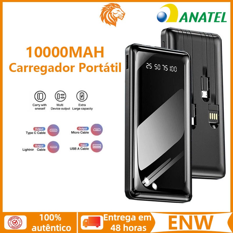 Carregador Portátil 10000mah Power Bank Universal Saida 4 Cabos LED Digital e Compatível iOS/Android
