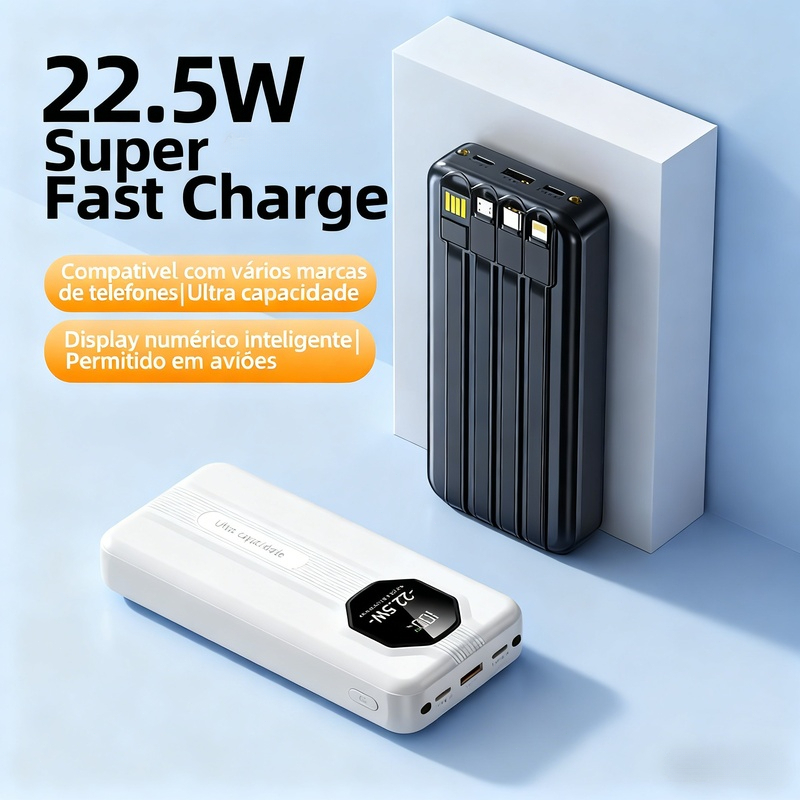 Carregador Portátil  Power Bank com Display LED Digital - 20000mAh e 4 Cabos de Carga Rápida