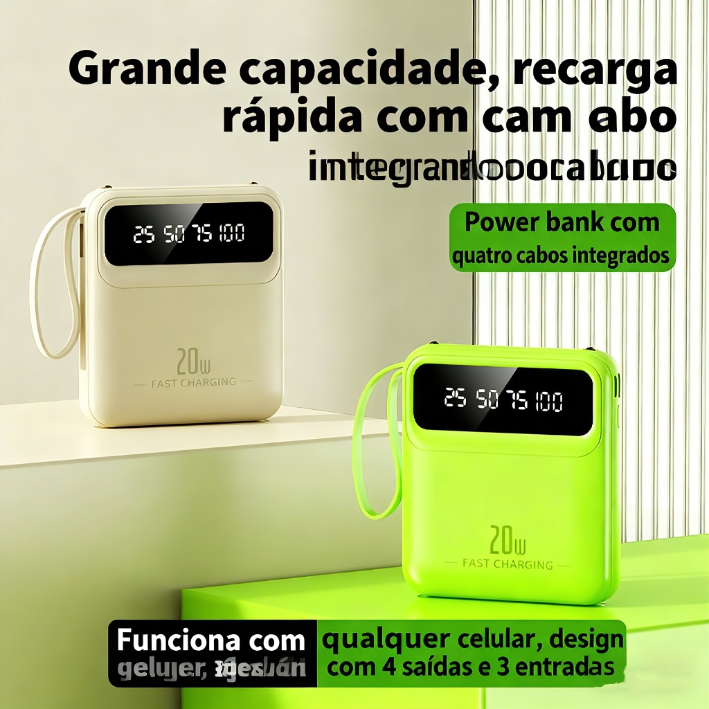 10000mAh Power Bank Carregador Portátil com 4 Cabos  display digital portátil de banco de potência com cordão LED