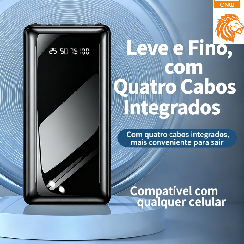 4 Cabos Integrados Power Bank 10000mAh - 10,5W Carga Rápida, LED Digital e Compatível iOS/Android